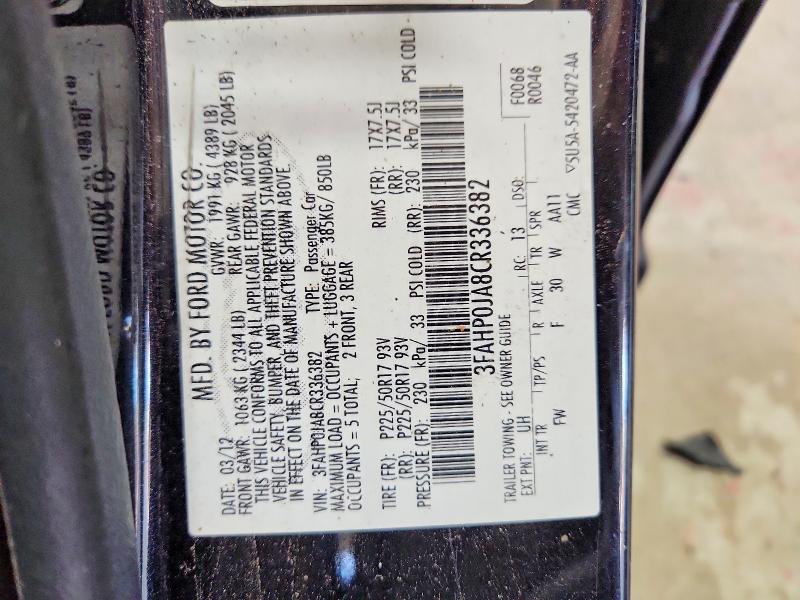 58231476 :رقم المزاد ، 3FAHP0JA8CR336382 vin ، 2012 Ford Fusion مزاد بيع