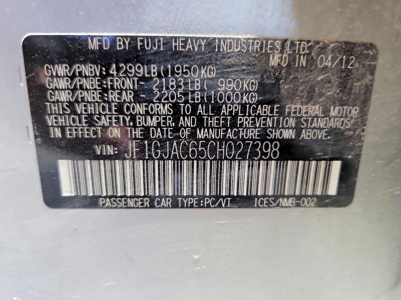 55418256 :رقم المزاد ، JF1GJAC65CH027398 vin ، 2012 Subaru Impreza مزاد بيع