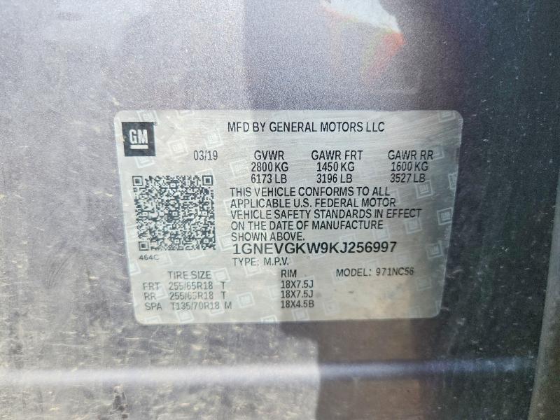 56752136 :رقم المزاد ، 1GNEVGKW9KJ256997 vin ، 2019 Chevrolet Traverse مزاد بيع