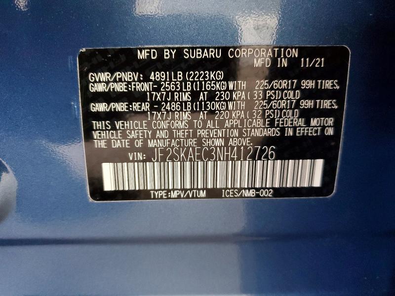 2022 Subaru Forester მანქანა იყიდება აუქციონზე, vin: JF2SKAEC3NH412726, აუქციონის ნომერი: 56780966