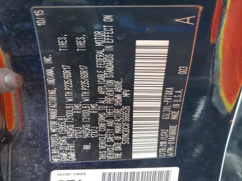 59242116 :رقم المزاد ، 5TDYK3DCXFS668526 vin ، 2015 Toyota Sienna مزاد بيع
