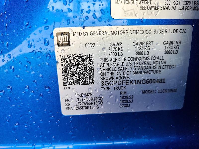 2022 Chevrolet Silverado მანქანა იყიდება აუქციონზე, vin: 3GCPDFEK1NG600481, აუქციონის ნომერი: 57034996