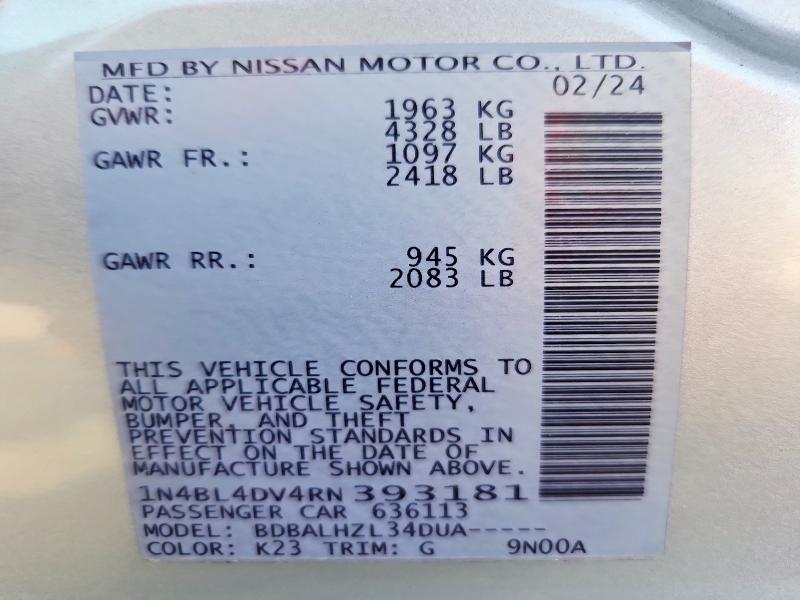 58910466 :رقم المزاد ، 1N4BL4DV4RN393181 vin ، 2024 Nissan Altima مزاد بيع