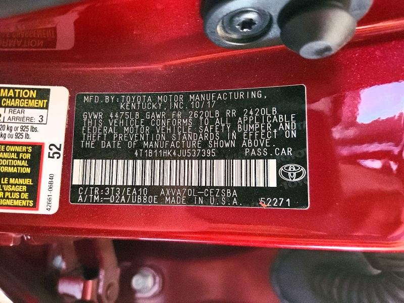 56678396 :رقم المزاد ، 4T1B11HK4JU537395 vin ، 2018 Toyota Camry مزاد بيع
