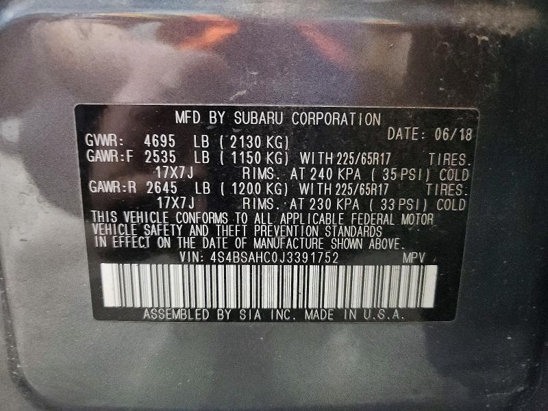 Auction sale of the 2018 Subaru Outback, vin: 4S4BSAHC0J3391752, lot number: 55427656