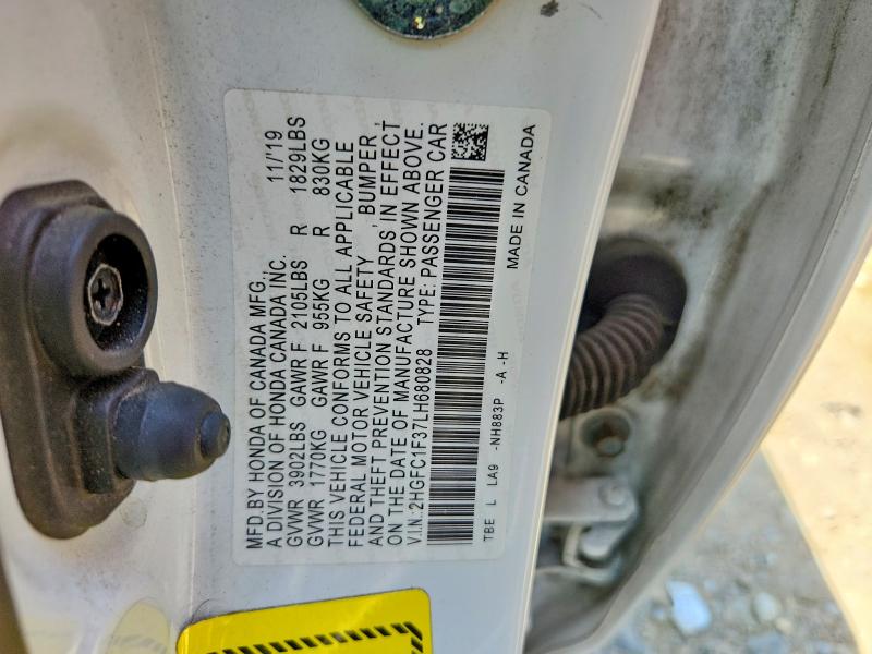2020 Honda Civic მანქანა იყიდება აუქციონზე, vin: 2HGFC1F37LH680828, აუქციონის ნომერი: 59165026