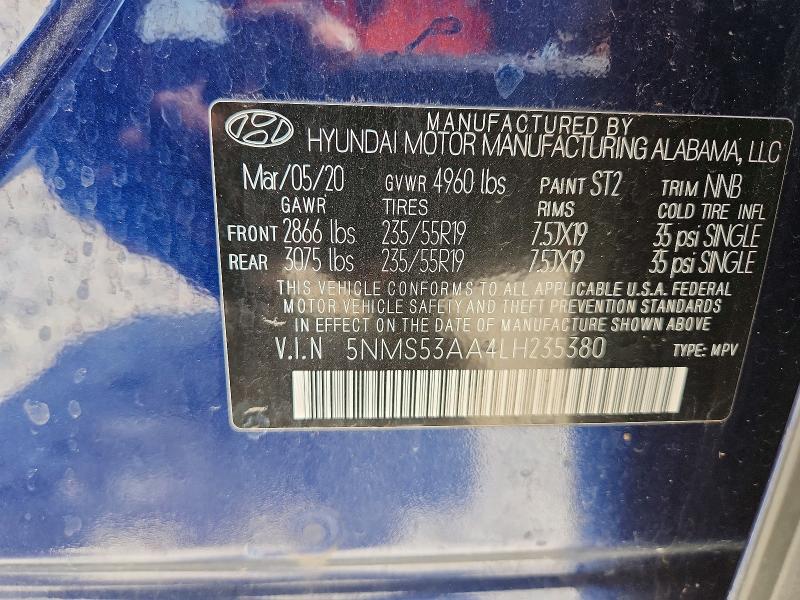Продажа на аукционе авто 2020 Hyundai Santa Fe, vin: 5NMS53AA4LH235380, номер лота: 56647006