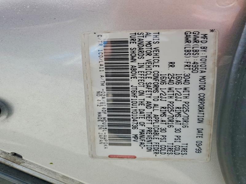 58137936 :رقم المزاد ، JT6HF10U1Y0104736 vin ، 2000 Lexus Rx مزاد بيع