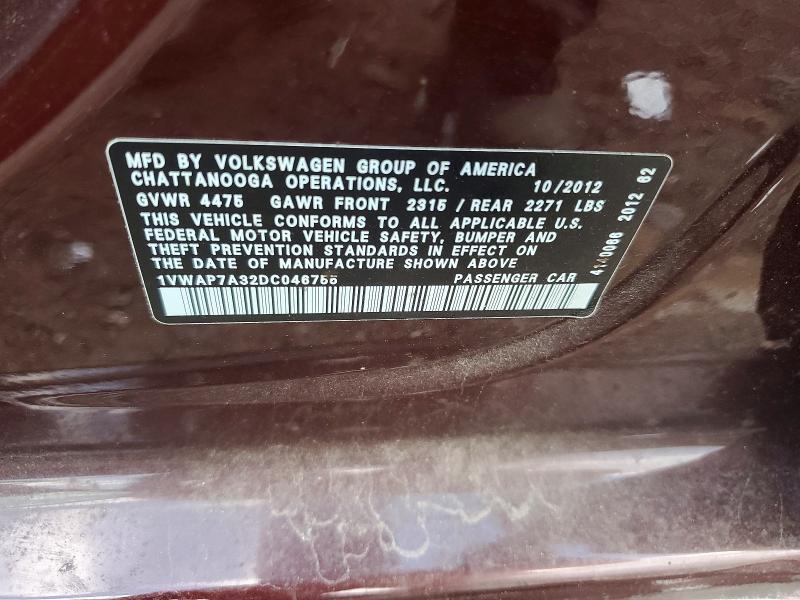 Продажа на аукционе авто 2013 Volkswagen Passat, vin: 1VWAP7A32DC046755, номер лота: 57320326