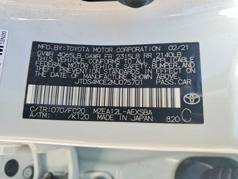 Aukcja sprzedaży 2021 Toyota Corolla, vin: JTDS4MCE2MJ075701, numer aukcji: 57704876