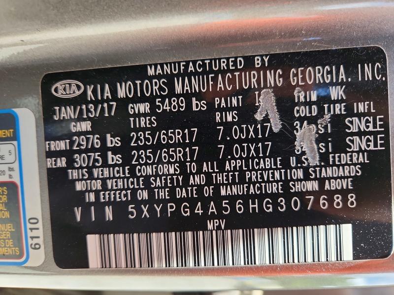 Aukcja sprzedaży 2017 Kia Sorento, vin: 5XYPG4A56HG307688, numer aukcji: 58068196