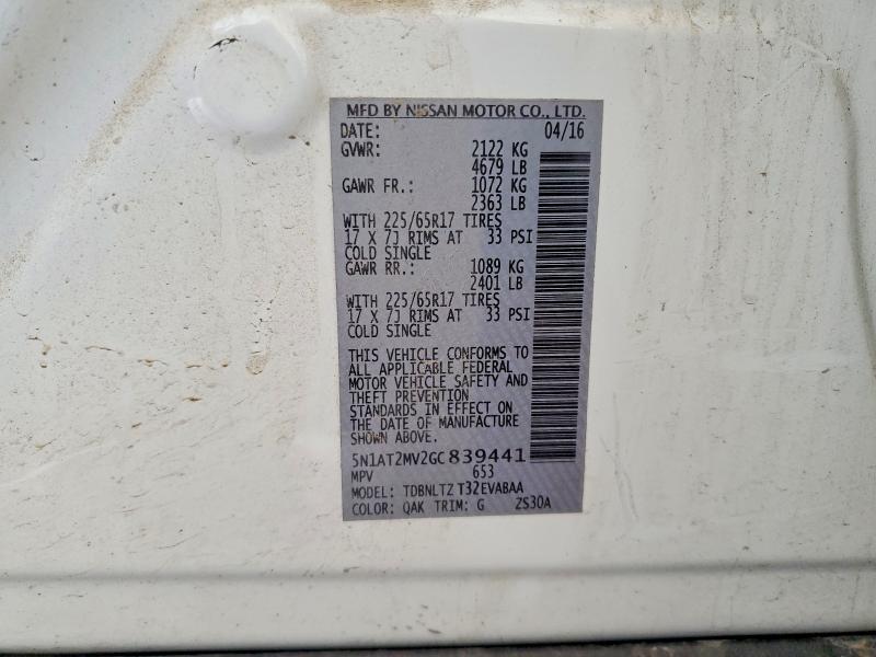 57905826 :رقم المزاد ، 5N1AT2MV2GC839441 vin ، 2016 Nissan Rogue مزاد بيع