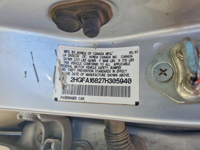 Aukcja sprzedaży 2007 Honda Civic, vin: 2HGFA16827H305940, numer aukcji: 57903586
