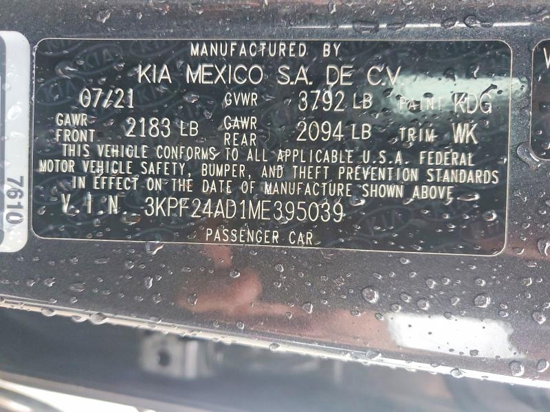 2021 Kia Forte მანქანა იყიდება აუქციონზე, vin: 3KPF24AD1ME395039, აუქციონის ნომერი: 57407696