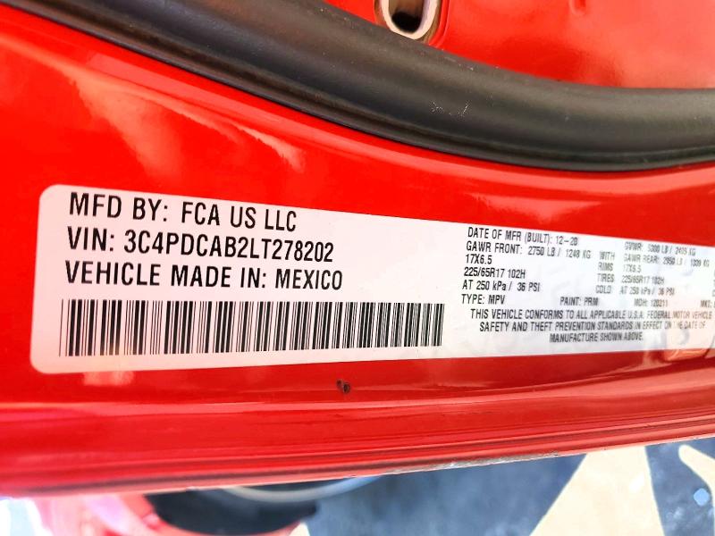 2020 Dodge Journey მანქანა იყიდება აუქციონზე, vin: 3C4PDCAB2LT278202, აუქციონის ნომერი: 55684546