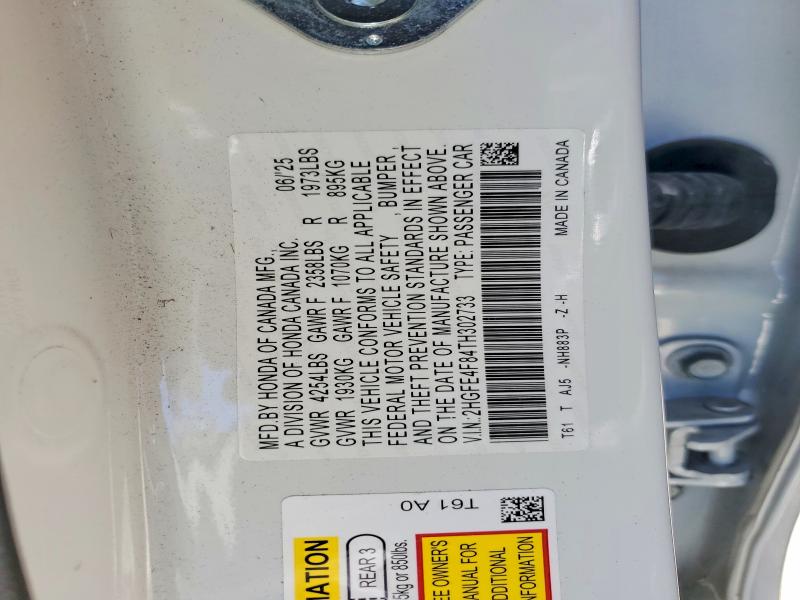 2026 Honda Civic მანქანა იყიდება აუქციონზე, vin: 2HGFE4F84TH302733, აუქციონის ნომერი: 56485666