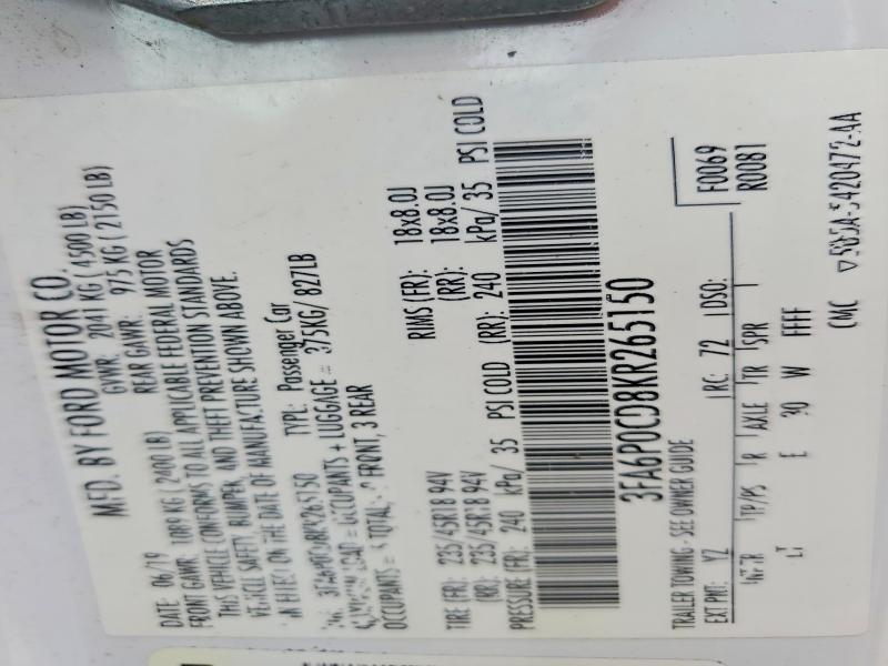 56536006 :رقم المزاد ، 3FA6P0CD8KR265150 vin ، 2019 Ford Fusion مزاد بيع