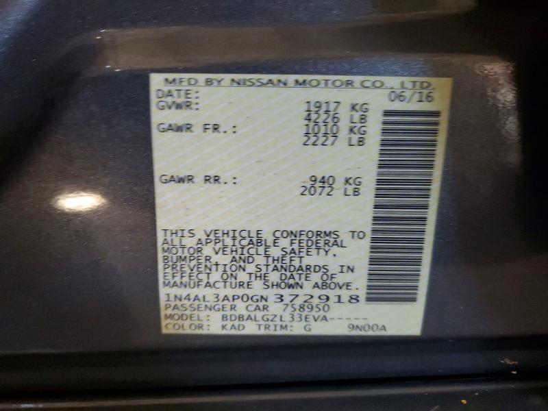 2016 Nissan Altima მანქანა იყიდება აუქციონზე, vin: 1N4AL3AP0GN372918, აუქციონის ნომერი: 56248106