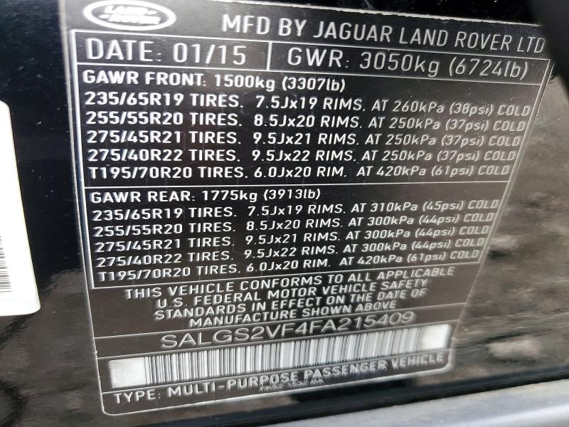 2015 Land Rover Range Rover მანქანა იყიდება აუქციონზე, vin: SALGS2VF4FA215409, აუქციონის ნომერი: 57504096