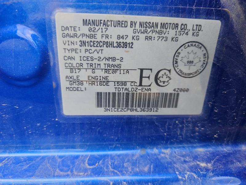 57298056 :رقم المزاد ، 3N1CE2CP8HL363912 vin ، 2017 Nissan Versa Note مزاد بيع
