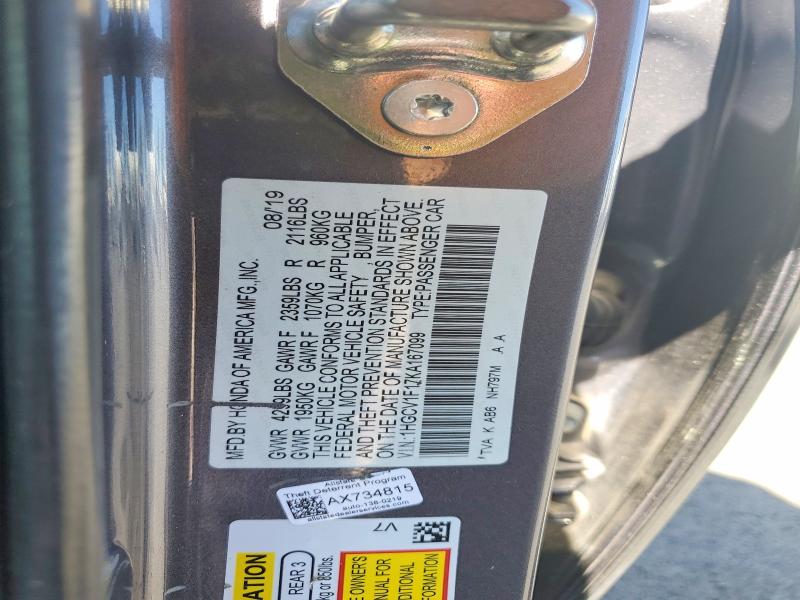 56748966 :رقم المزاد ، 1HGCV1F17KA167099 vin ، 2019 Honda Accord مزاد بيع