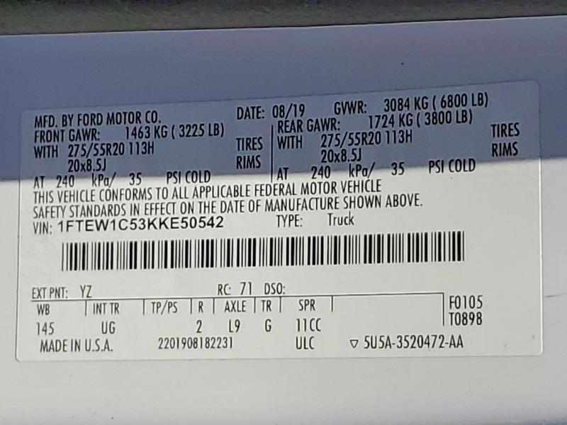 Продаж на аукціоні авто 2019 Ford F150, vin: 1FTEW1C53KKE50542, номер лоту: 58232526