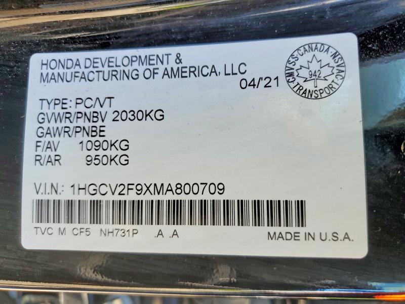 Продажа на аукционе авто 2021 Honda Accord, vin: 1HGCV2F9XMA800709, номер лота: 57474496