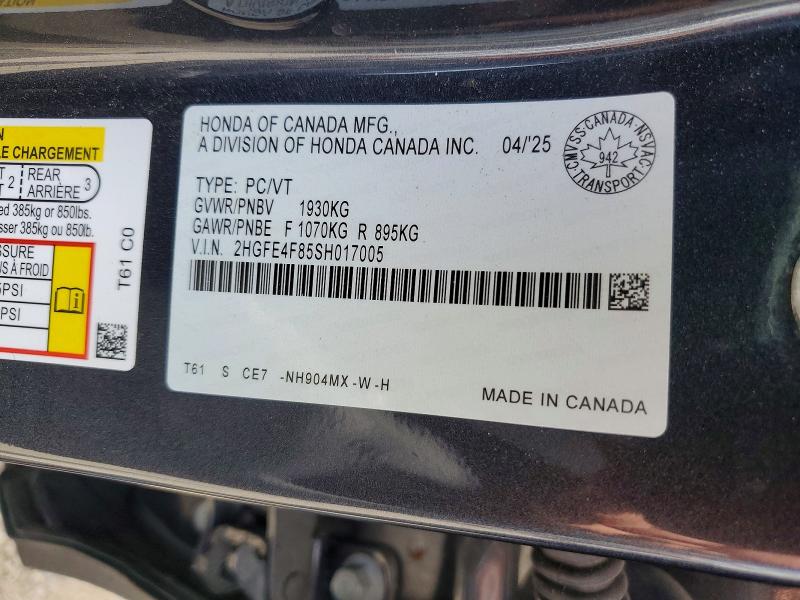 2025 Honda Civic მანქანა იყიდება აუქციონზე, vin: 2HGFE4F85SH017005, აუქციონის ნომერი: 57783026