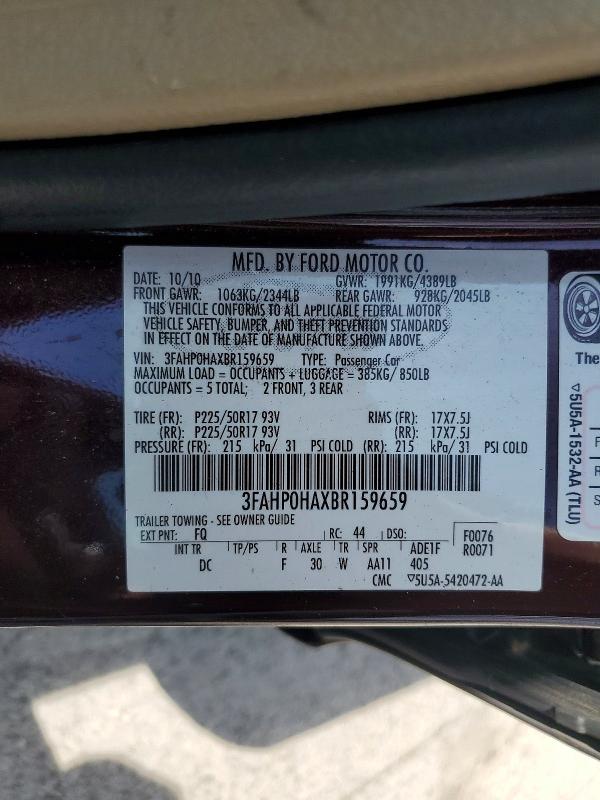 2011 Ford Fusion მანქანა იყიდება აუქციონზე, vin: 3FAHP0HAXBR159659, აუქციონის ნომერი: 53524236