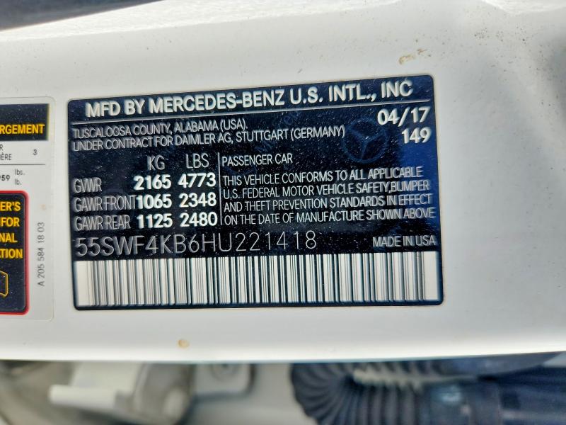 58948006 :رقم المزاد ، 55SWF4KB6HU221418 vin ، 2017 Mercedes-benz C مزاد بيع