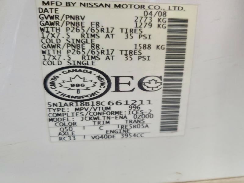 Aukcja sprzedaży 2008 Nissan Pathfinder, vin: 5N1AR18B18C661211, numer aukcji: 58319546