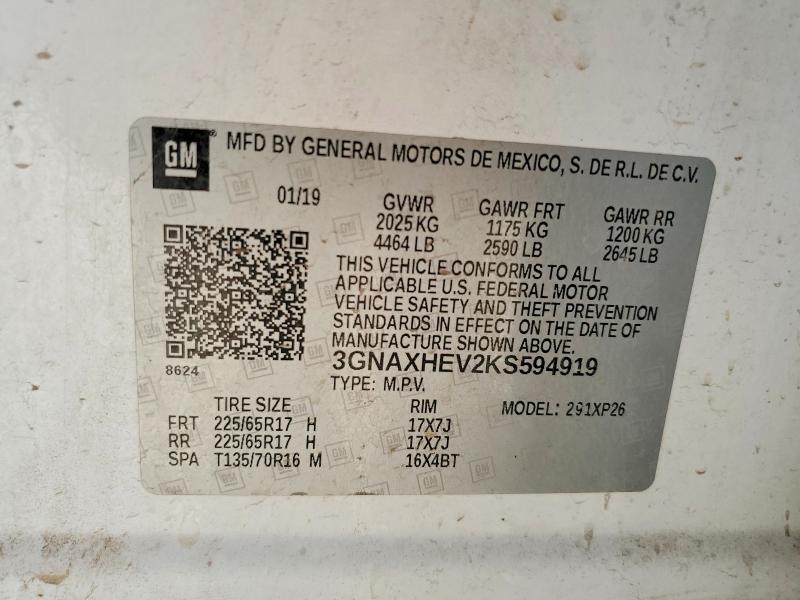 2019 Chevrolet Equinox მანქანა იყიდება აუქციონზე, vin: 3GNAXHEV2KS594919, აუქციონის ნომერი: 56362756