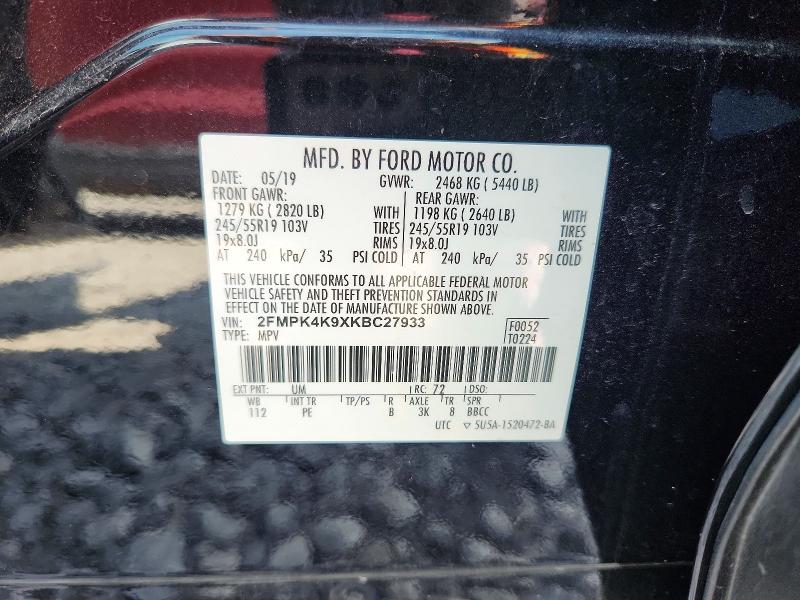 2019 Ford Edge მანქანა იყიდება აუქციონზე, vin: 2FMPK4K9XKBC27933, აუქციონის ნომერი: 58319696