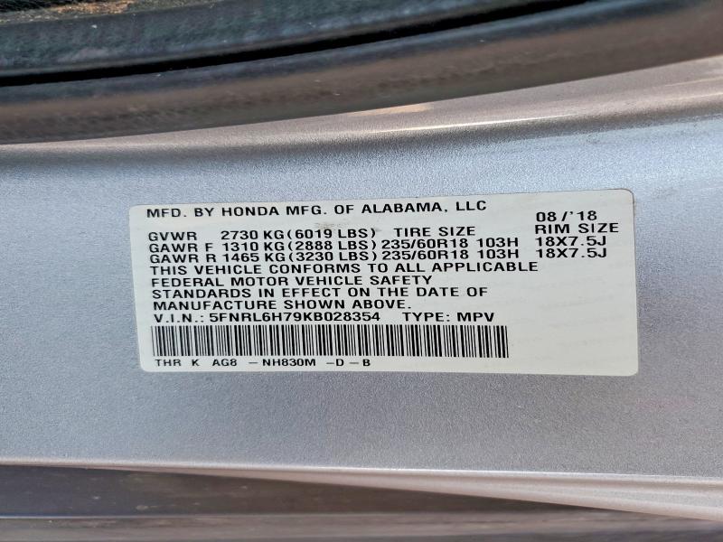 Продаж на аукціоні авто 2019 Honda Odyssey, vin: 5FNRL6H79KB028354, номер лоту: 56169366