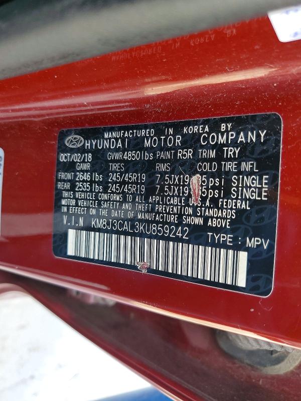55189346 :رقم المزاد ، KM8J3CAL3KU859242 vin ، 2019 Hyundai Tucson مزاد بيع
