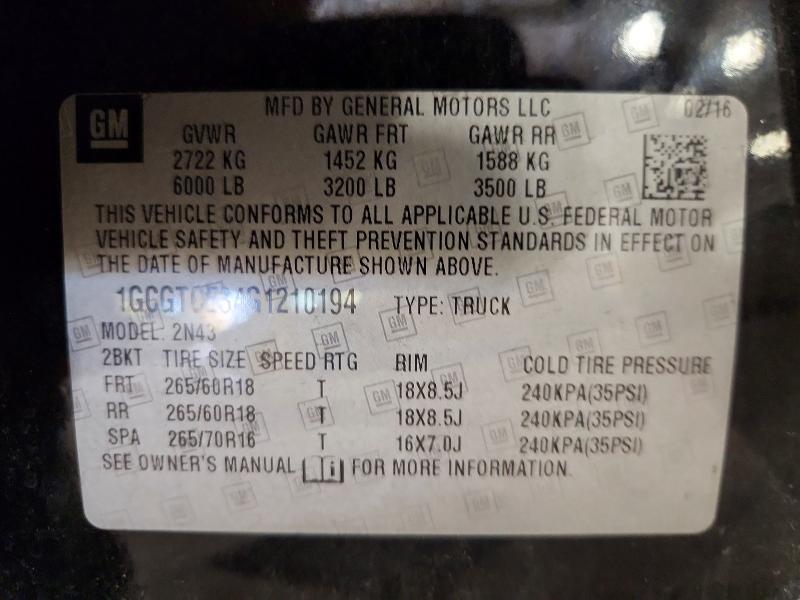 2016 Chevrolet Colorado მანქანა იყიდება აუქციონზე, vin: 1GCGTCE34G1210194, აუქციონის ნომერი: 55436606
