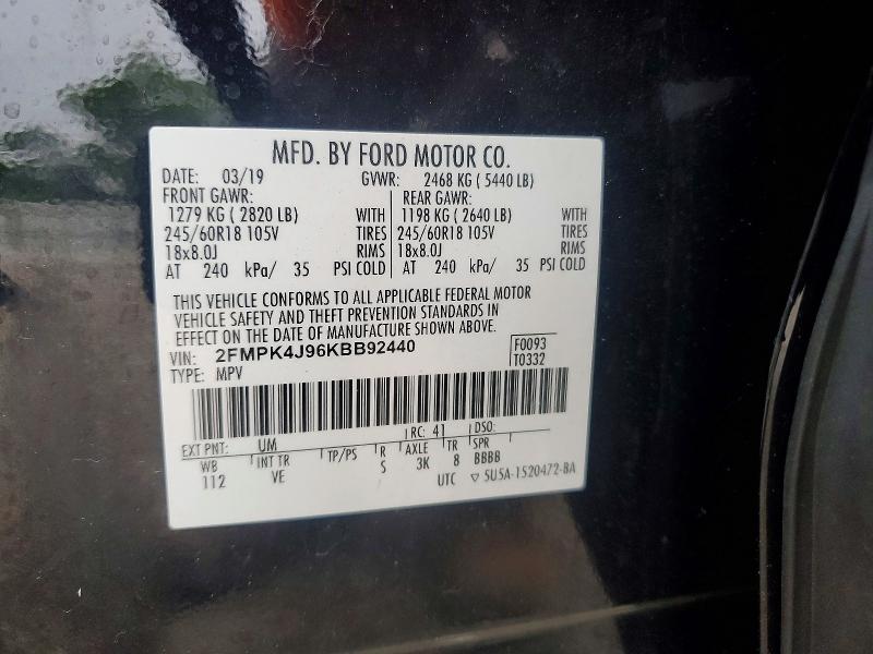 57241006 :رقم المزاد ، 2FMPK4J96KBB92440 vin ، 2019 Ford Edge مزاد بيع