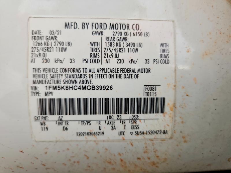 2021 Ford Explorer მანქანა იყიდება აუქციონზე, vin: 1FM5K8HC4MGB39926, აუქციონის ნომერი: 58088646