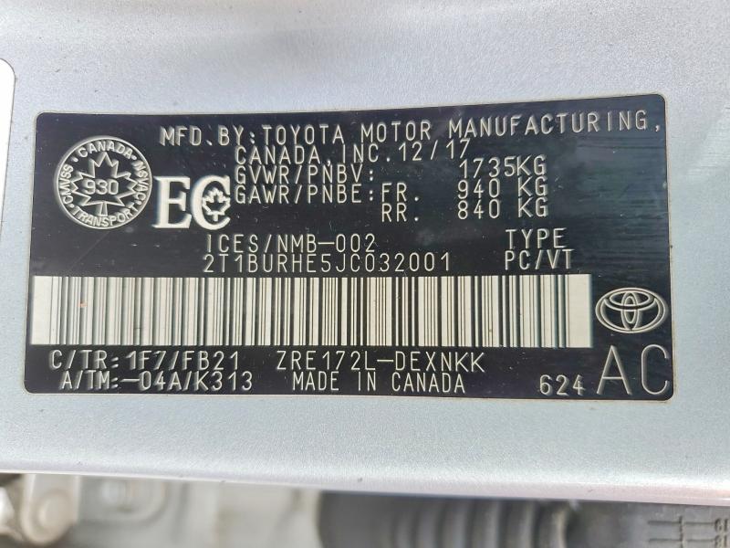 Продаж на аукціоні авто 2018 Toyota Corolla, vin: 2T1BURHE5JC032001, номер лоту: 57571316