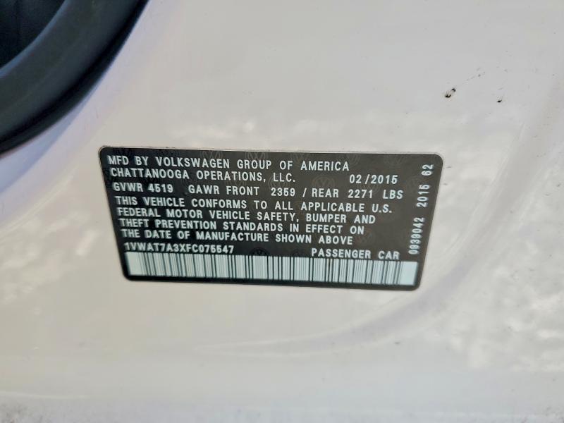 2015 Volkswagen Passat მანქანა იყიდება აუქციონზე, vin: 1VWAT7A3XFC075547, აუქციონის ნომერი: 56509386