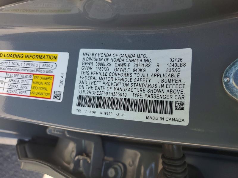 Продажа на аукционе авто 2026 Honda Civic, vin: 2HGFE2F50TH565019, номер лота: 85461445