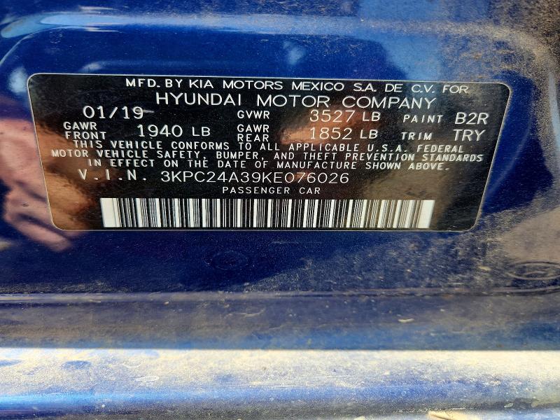 2019 Hyundai Accent მანქანა იყიდება აუქციონზე, vin: 3KPC24A39KE076026, აუქციონის ნომერი: 58452646
