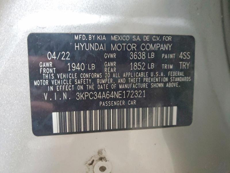 57831056 :رقم المزاد ، 3KPC34A64NE172321 vin ، 2022 Hyundai Accent مزاد بيع