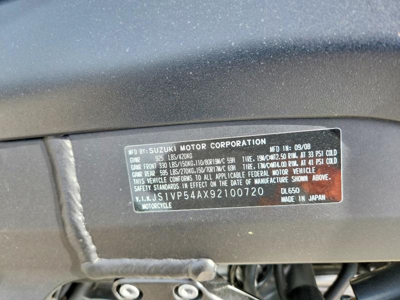 2009 Suzuki Dl650k9 V-strom 650 მანქანა იყიდება აუქციონზე, vin: JS1VP54AX92100720, აუქციონის ნომერი: 57362126