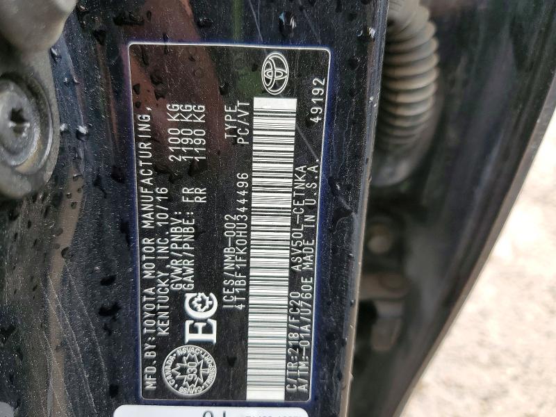 55894436 :رقم المزاد ، 4T1BF1FK0HU344496 vin ، 2017 Toyota Camry مزاد بيع