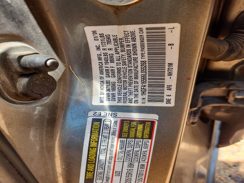 2006 Honda Civic მანქანა იყიდება აუქციონზე, vin: 1HGFA16566L055268, აუქციონის ნომერი: 59180836