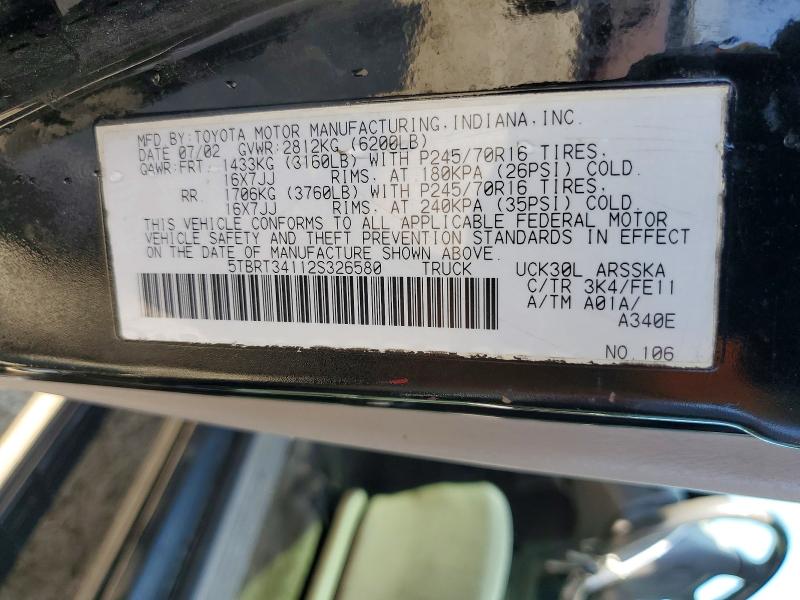 Продаж на аукціоні авто 2002 Toyota Tundra, vin: 5TBRT34112S326580, номер лоту: 57087446