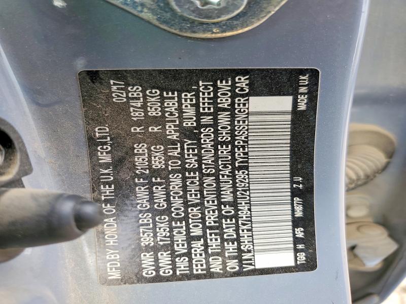 2017 Honda Civic მანქანა იყიდება აუქციონზე, vin: SHHFK7H94HU219295, აუქციონის ნომერი: 58523756
