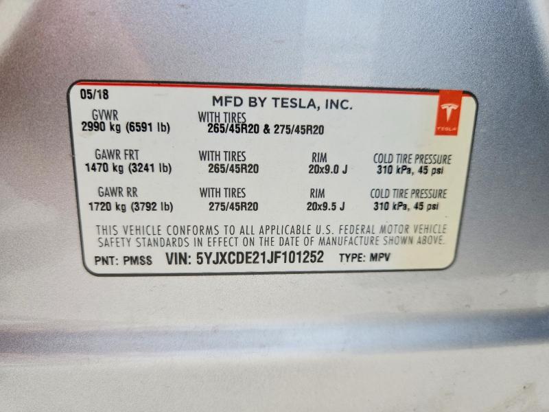 2018 Tesla Model X მანქანა იყიდება აუქციონზე, vin: 5YJXCDE21JF101252, აუქციონის ნომერი: 56291926