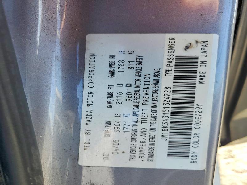 2005 Mazda 3 მანქანა იყიდება აუქციონზე, vin: JM1BK343151324228, აუქციონის ნომერი: 55531396